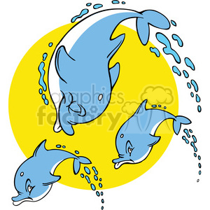 The clipart image shows two cartoon dolphins swimming and jumping in a comical manner. The dolphins have exaggerated features and appear to be happy and playful, which gives the image a silly and funny tone.
