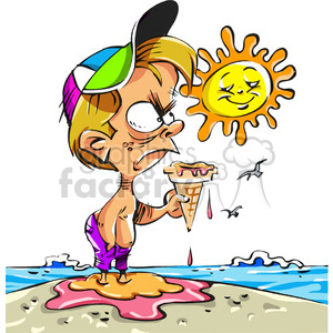 Cartoon boy on beach with melting ice cream cone
