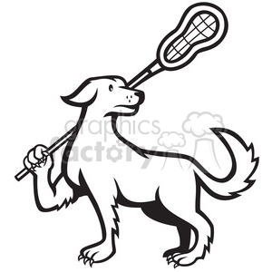 A black and white clipart of a dog standing on its hind legs holding a lacrosse stick with one paw.