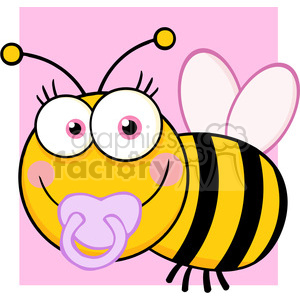 A cute cartoon baby bee with a purple pacifier, large expressive eyes, and a pink background.