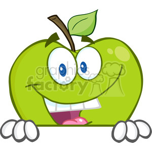 5781 Royalty Free Clip Art Smiling Green Apple Hiding Behind A Sign