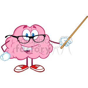 The clipart image features an anthropomorphized brain characterized by human-like traits. The brain is depicted with a smiling face, blue eyes with glasses, arms, and legs. It appears to be in a teaching or presenting pose, holding a wooden pointer stick in one hand, accentuating its educational theme. The brain is wearing white gloves and red sneakers, adding to its playful and whimsical nature.
