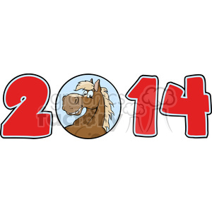 Clipart of a smiling cartoon horse sandwiched between the numbers '2014' in bold red font.