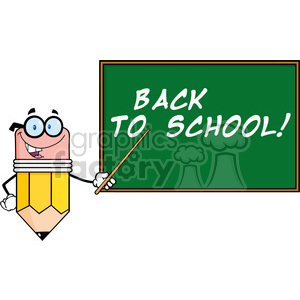 5884 Royalty Free Clip Art Smiling Pencil Teacher Character With A Pointer In Front Of Chalkboard