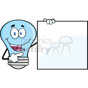   6107 Royalty Free Clip Art Blue Light Bulb Cartoon Mascot Character Showing A Blank Sign 