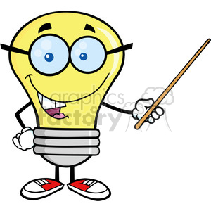 A funny cartoon character of a lightbulb with nerdy glasses, appearing happy and holding a pointer as a teacher.