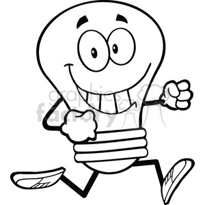 A funny lightbulb character with a big smile and expressive eyes, running energetically. The character represents a creative idea.