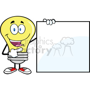 6016 Royalty Free Clip Art Happy Light Bulb Cartoon Mascot Character Showing A Blank Sign