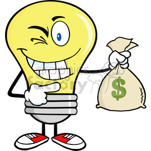 6013 Royalty Free Clip Art Light Bulb Cartoon Mascot Character Holding A Bag Of Money