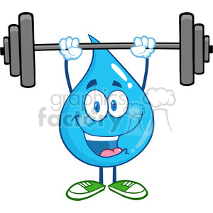 6211 Royalty Free Clip Art Water Drop Cartoon Mascot Character Lifting Weights