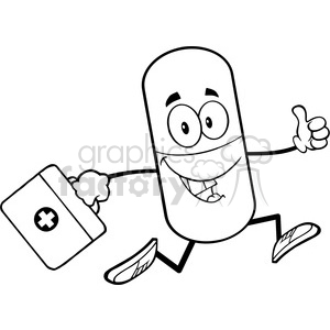 6295 Royalty Free Clip Art Black and White Pill Capsule Cartoon Mascot Character Running With A Medicine Bag