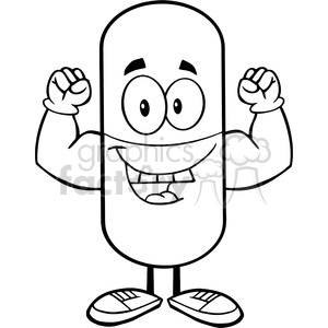 6301 Royalty Free Clip Art Black and White Pill Capsule Cartoon Mascot Character Showing Muscle Arms