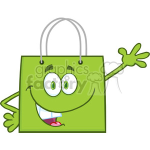   6725 Royalty Free Clip Art Smiling Green Shopping Bag Cartoon Mascot Character Waving For Greeting 
