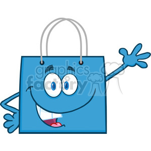   6724 Royalty Free Clip Art Smiling Blue Shopping Bag Cartoon Mascot Character Waving For Greeting 