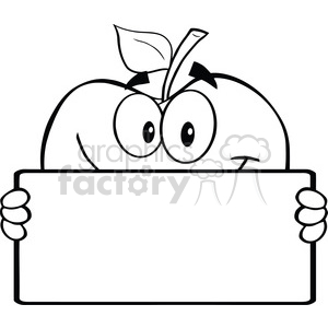  6537 Royalty Free Clip Art Black and White Apple Character Holding A Banner 