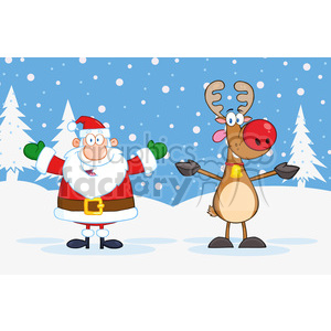 A humorous Christmas-themed clipart image featuring Santa Claus and a reindeer standing in a snowy winter landscape with snowflakes falling and trees in the background.