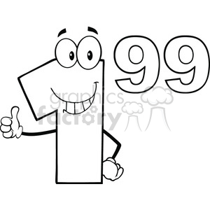 A humorous outline of the number '1' as a cartoon character giving a thumbs up, alongside the number '99'. This image represents the concept of pricing, typically $1.99.