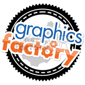 The image is a logo design featuring the text Graphics Factory in a stylized format. The design incorporates gears and cogs, which suggest creativity, design, or manufacturing themes. The logo is encircled by what appears to be a gear or a circular saw blade, accentuating the industrial feel. The colors are primarily orange, white, and blue.