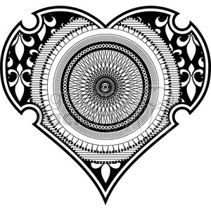   The image is a black and white illustration of a heart that incorporates spirograph and tattoo design elements. The heart is adorned with intricate patterns featuring concentric circles, floral motifs, and ornate detailing typical of spirograph art. It has a symmetrical outline with decorative extensions on both sides. 