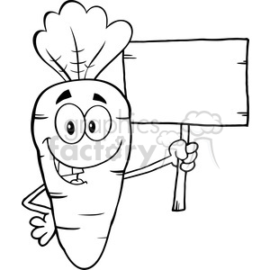   Royalty Free RF Clipart Illustration Black And White Funny Carrot Cartoon Character Holding A Wooden Board 