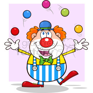 A cheerful cartoon clown juggling colorful balls while smiling. The clown has orange hair, a round red nose, and is wearing a blue hat, green bowtie, yellow shirt, and blue striped pants.