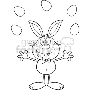 Royalty Free RF Clipart Illustration Black And White Cute Rabbit Cartoon Character Juggling With Easter Eggs