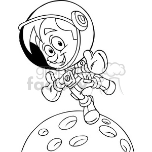 The image is a black and white line art illustration of a cheerful cartoon astronaut standing on a stylized moon surface. The astronaut is wearing a full spacesuit with a helmet, and the moon is depicted with craters.