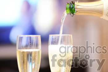 The clipart image shows a bottle of champagne being poured into two tall glasses.