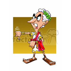   The image is a cartoon-style depiction of what appears to be an animated, caricatured Roman emperor or perhaps a general. The figure is wearing a white tunic with gold trim, a red cloak, and sandals. He has a laurel wreath on his head and an exaggerated facial expression with one thumb down, as if expressing disapproval or condemning someone in the arena. 