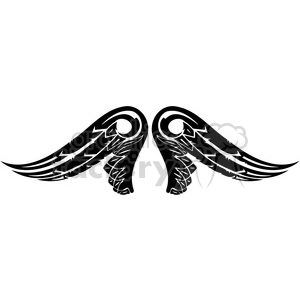 A black and white clipart image of stylized wings with intricate detailing.