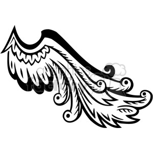 A stylized, black and white clipart illustration of an intricate wing design, featuring detailed feather patterns and artistic swirls.