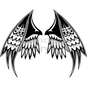 A symmetrical black and white clipart image of intricate eagle wings facing each other, featuring detailed feathers and bold lines.