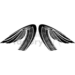 A black and white clipart image depicting a pair of stylized wings, designed with intricate feather details, fanned out symmetrically.