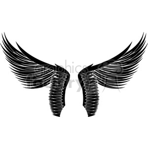 This is a black and white clipart image of a pair of stylized, symmetrical wings with detailed feathers.