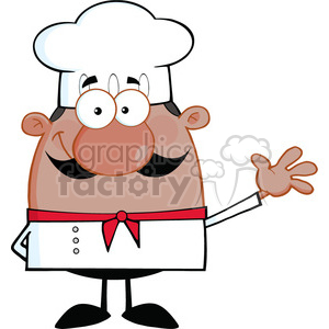 The clipart image features a cartoon character of a chef. The chef has a large, friendly smile, a big nose, and is wearing a traditional white chef’s hat (toque), a white double-breasted jacket with buttons, and a red neckerchief. The character is also gesturing with one hand as if explaining something or welcoming guests.