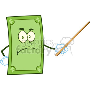 The clipart image features an anthropomorphic dollar bill character. It has a face with eyes and a mouth, expressing a somewhat worried or concerned look. The dollar character is also holding a pointer stick in one hand, possibly suggesting a financial presentation or lesson.