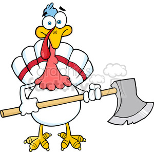   The clipart image depicts a cartoon turkey. The turkey is standing upright and has a surprised or shocked expression. It is holding an axe in its right wing as if it