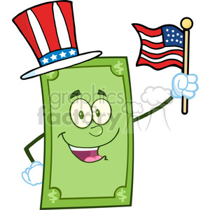   The clipart image displays a happy anthropomorphic character representing a green dollar bill. The character is wearing a top hat styled after the American flag, with red and white stripes and a blue band adorned with white stars, reminiscent of Uncle Sam
