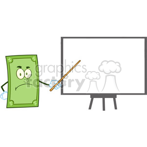 This clipart image features an anthropomorphic dollar bill character with facial features such as eyes and a mouth, expressing an unhappy or concerned emotion. The character is standing next to a blank presentation board and holding a pointer in one hand. The overall theme suggests concepts related to money, currency, financial presentations, education in economics, or discussions about profit and loss.