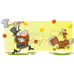   This clipart image portrays a humorous take on Thanksgiving, featuring a cartoon-style man with an exaggerated smile, chasing a turkey. The man is holding two axes overhead, presumably intent on catching the turkey for Thanksgiving dinner. The turkey, also presented in a cartoonish manner, looks alarmed and is running away from the man. Autumn leaves are scattered throughout the background, contributing to the Thanksgiving theme. 