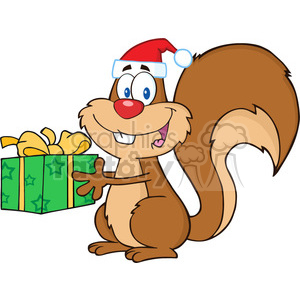 A cute cartoon squirrel wearing a Santa hat, holding a green Christmas present with a yellow bow.