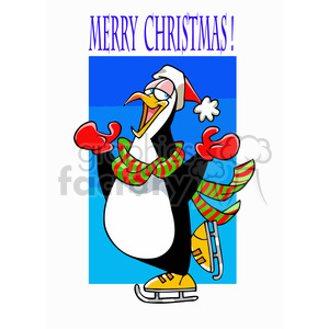   This cartoon shows a penguin ice skating, with the words "merry Christmas" above its head. It has a blue background and white ground 