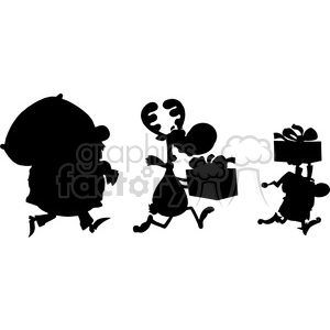 Silhouette of Santa Claus, a reindeer, and an elf carrying gifts in a festive Christmas holiday scene.