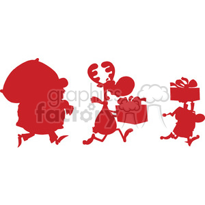 A red silhouette clipart image depicting Santa Claus, a reindeer, and an elf carrying presents, symbolizing Christmas holidays.