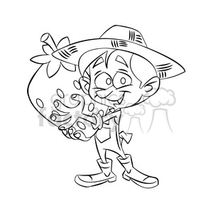   vector black and white cartoon farmer holding a huge strawberry 