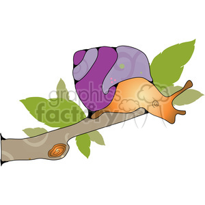 The clipart image depicts a colorful snail with a purple and orange body, with patterns on its shell, perched on a brown branch with green leaves.