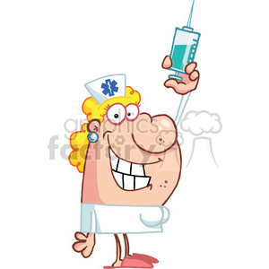 A humorous cartoon illustration of a nurse with a big smile, holding up a large syringe.