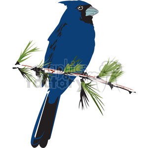 A vibrant clipart image of a blue bird perched on a branch with green leaves.