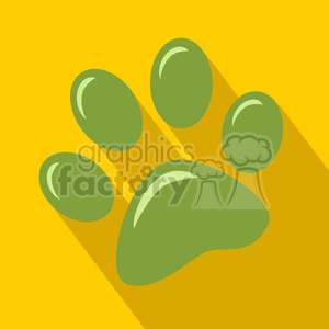 The clipart image displays a stylized green animal paw print on a yellow background. The paw print consists of four round toe pads arranged above a larger triangular heel pad.