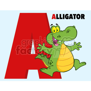 A humorous cartoon illustration of a cheerful alligator next to a large red letter 'A', with the word 'Alligator' written above.